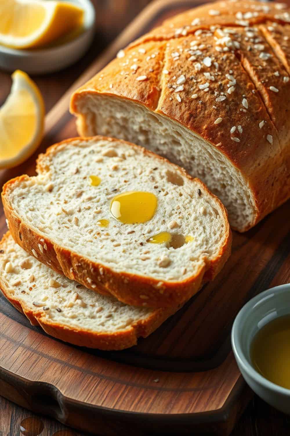 A Mediterranean-inspired loaf of lemon poppyseed sourdough with a glossy olive oil sheen, resting on a rustic wooden board. The golden-brown crust is topped with a generous sprinkle of sea salt flakes, adding a crunchy contrast to the soft, airy crumb inside. A few slices are cut, revealing the light, fluffy texture speckled with poppy seeds and infused with the fresh, zesty aroma of lemon. Olive oil glistens on the surface of the bread. Surrounding the loaf are a small dish of olive oil for dipping and a few lemon wedges for garnish. Soft, warm lighting enhances the vibrant colors and texture of this savory, rich bread.