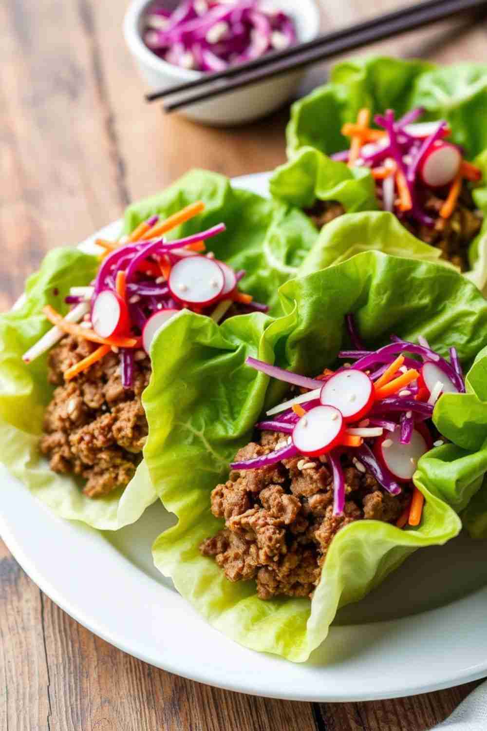 Beef Lettuce Wraps with Asian Slaw and Pickled Radishes