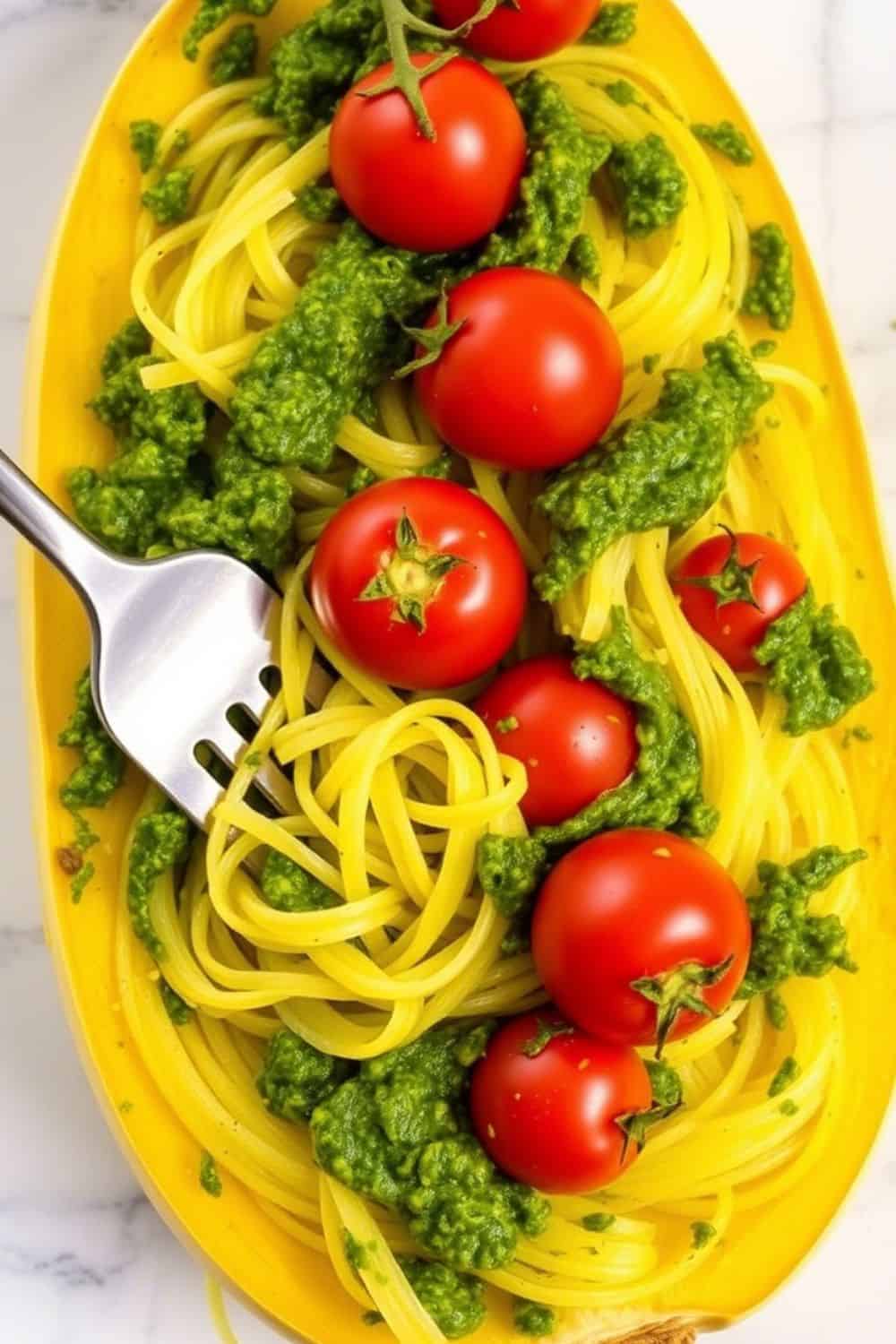 Spaghetti Squash with Pesto and Cherry Tomatoes

