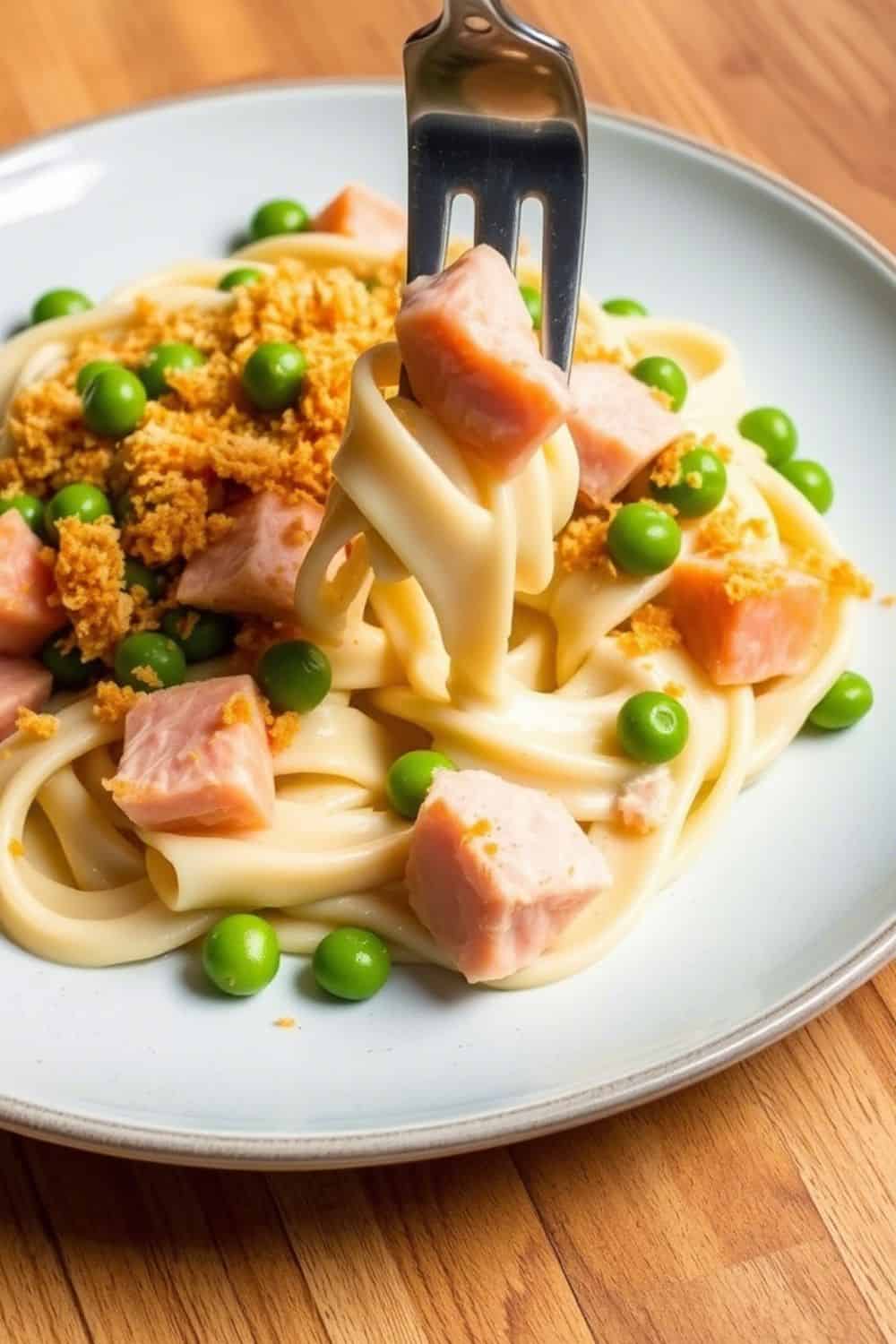A plate of creamy noodles with a crispy breadcrumb top, dotted with green peas and chunks of tuna and salmon. A fork lifts a bite, showing the cheesy goodness.