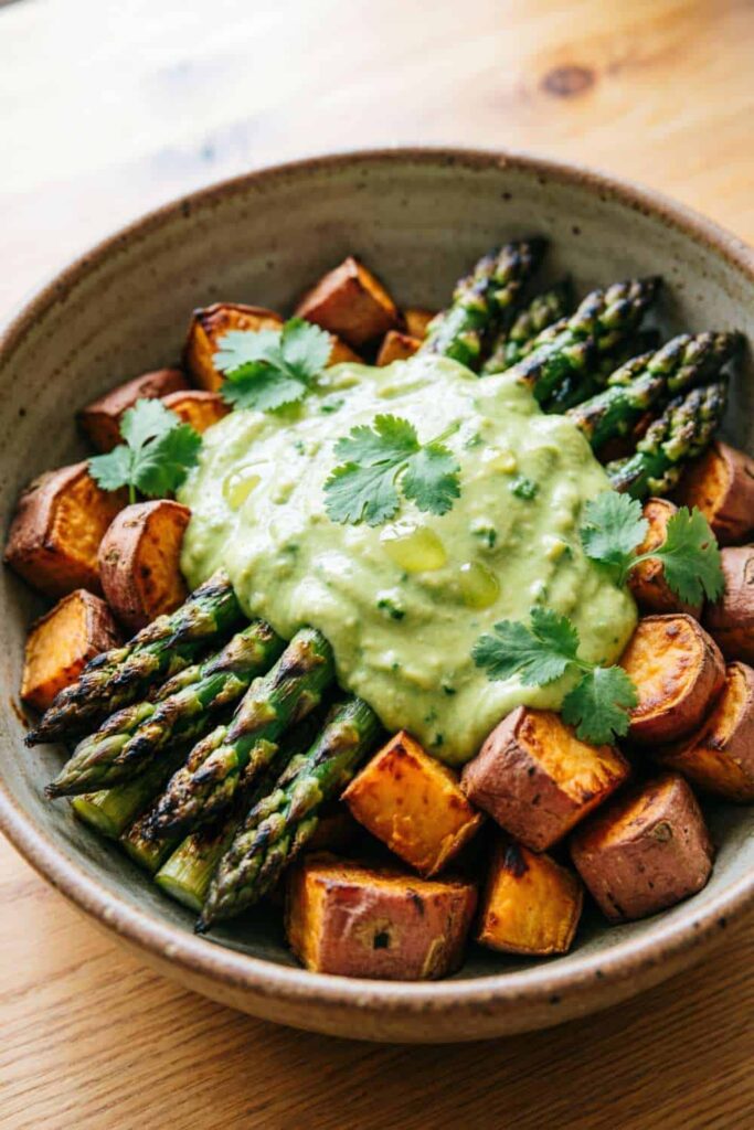 Asparagus & Sweet Potato Salad with Avocado Dressing