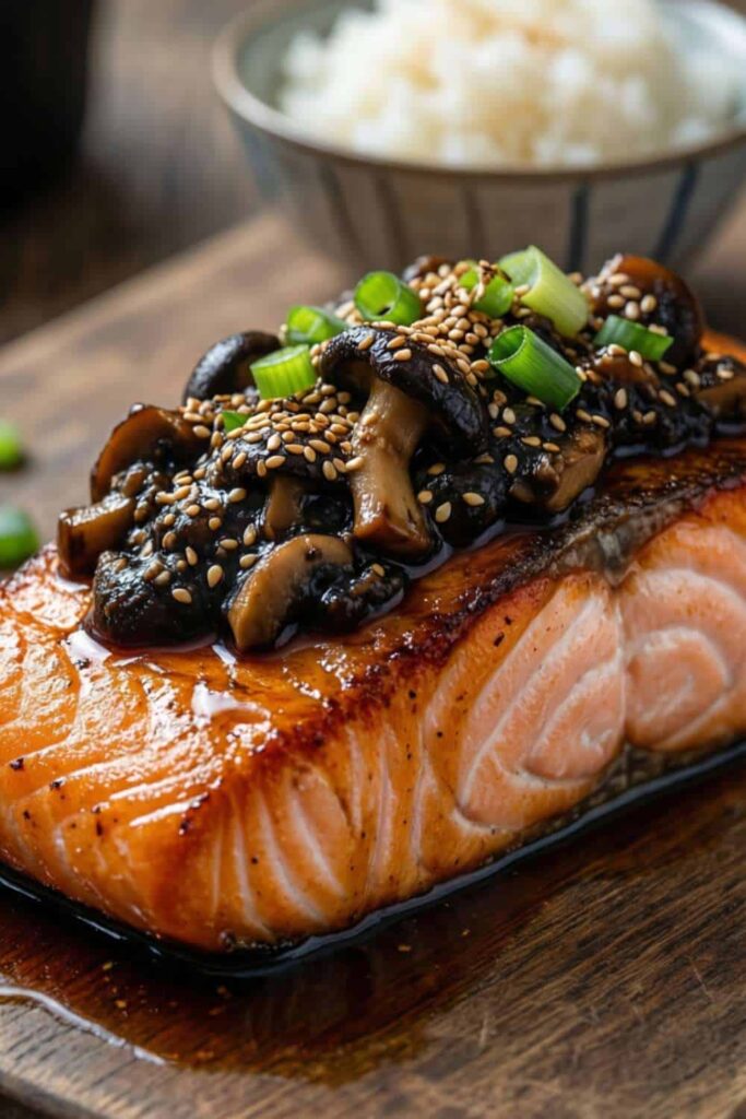 Black Garlic–Soy Salmon With Sesame Mushroom