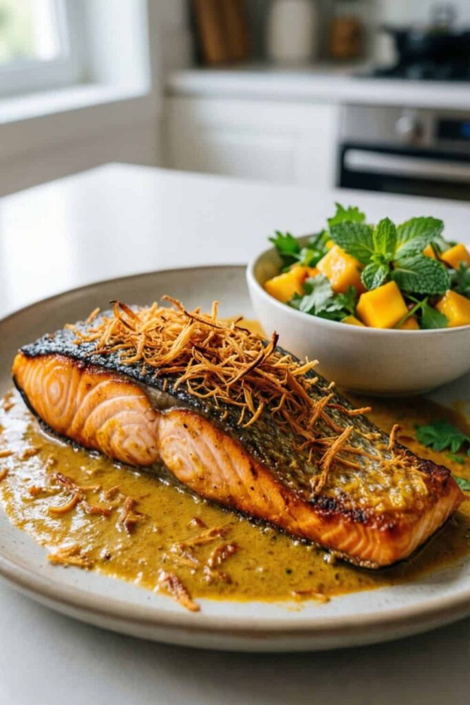 Coconut-Curry Salmon With Toasted Coconut and Quick Mango Herb Salad