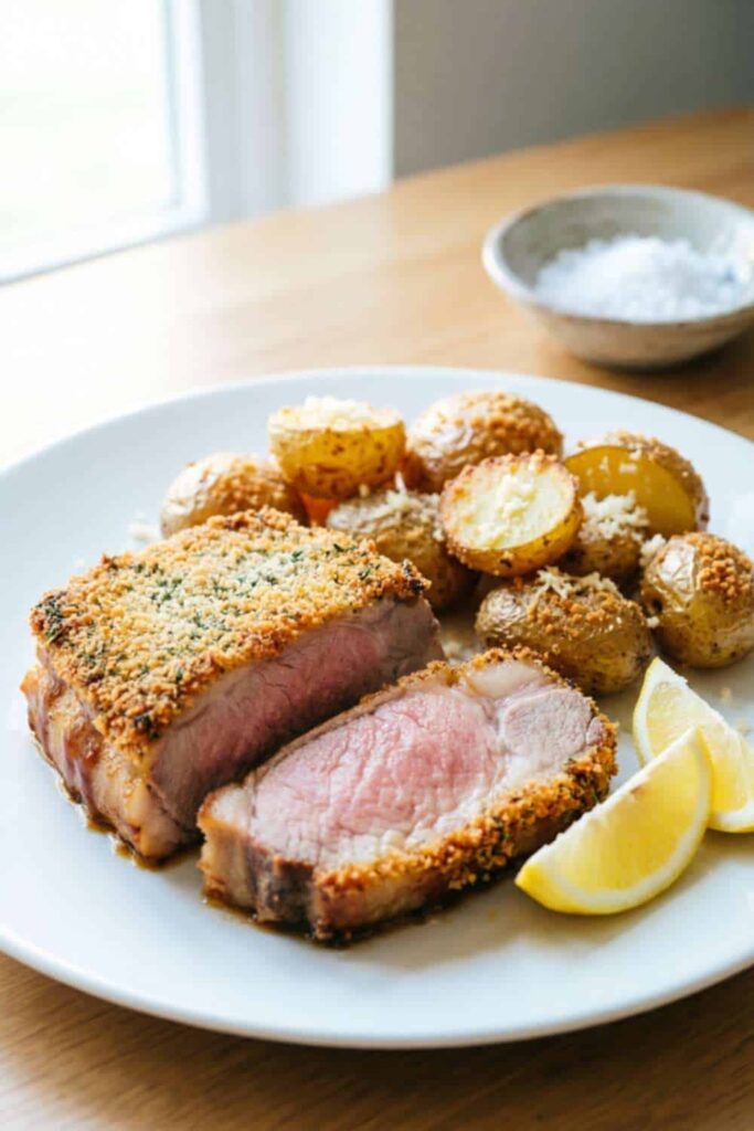Crispy Parmesan Herb Pork Chops with Lemon Roasted Baby Potatoes