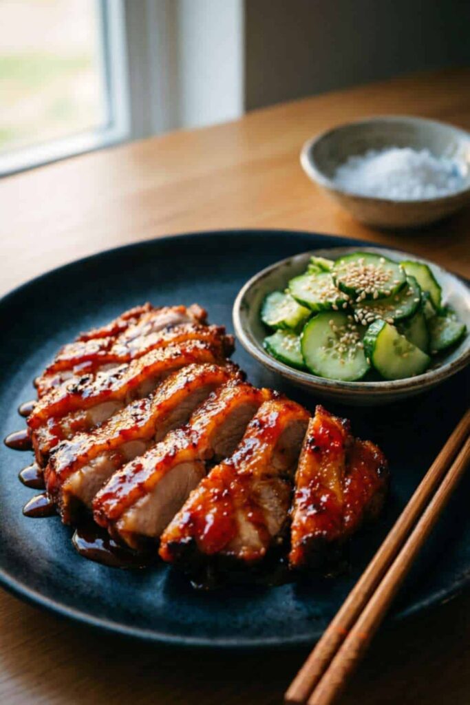 Gochujang Honey Pork Chops with Cucumber Sesame Crunch Salad