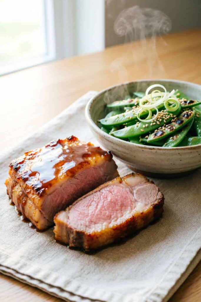 Miso Maple Glazed Pork Chops with Charred Snap Peas