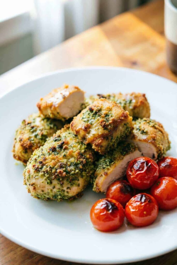 Pesto Parmesan Crust Chicken with Burst Tomatoes