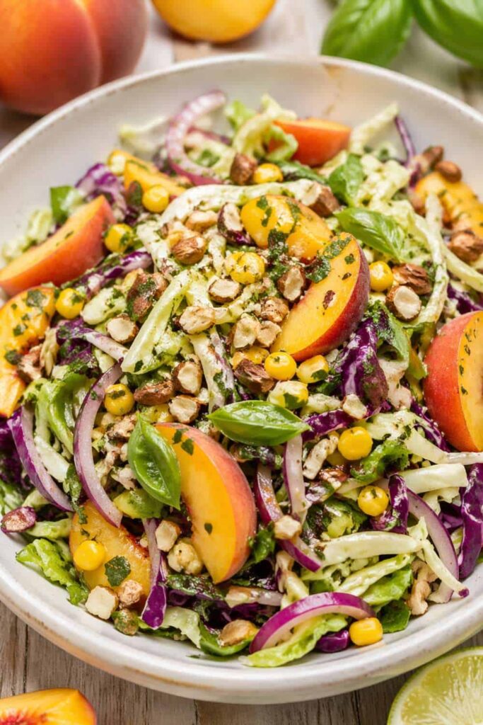 Cabbage Salad with Peaches, Corn, Basil, and Honey Lime Dressing