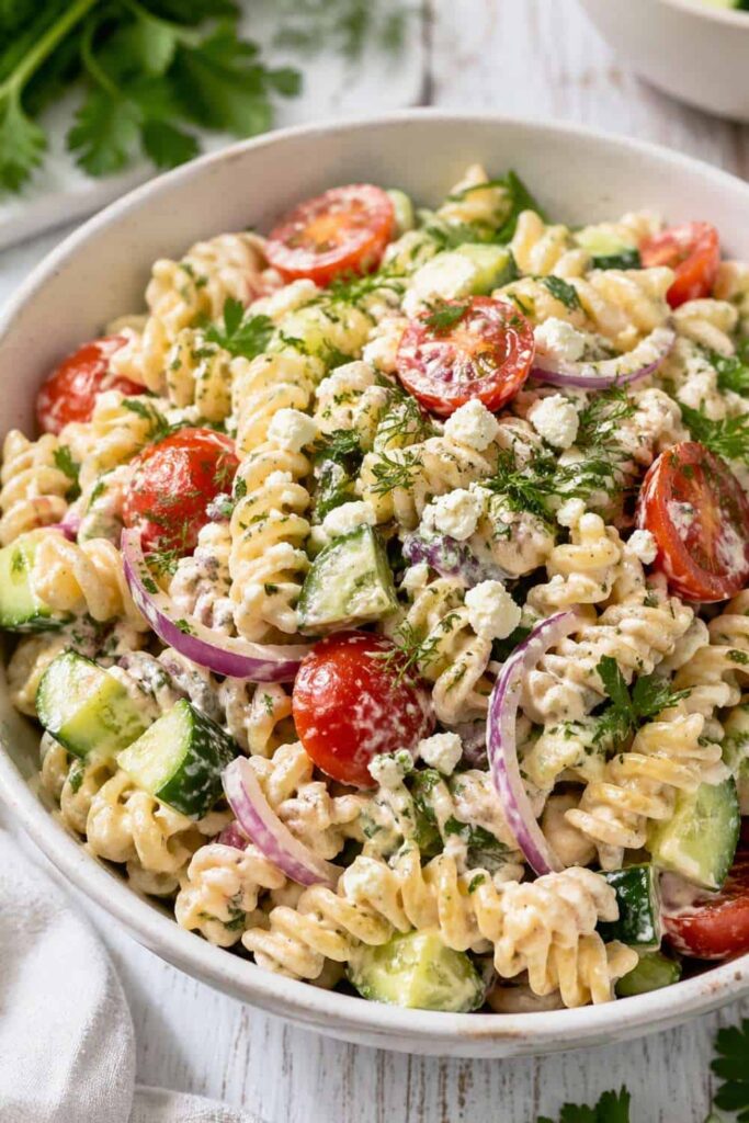 Creamy Hummus Pasta Salad with Cucumber and Herbs
