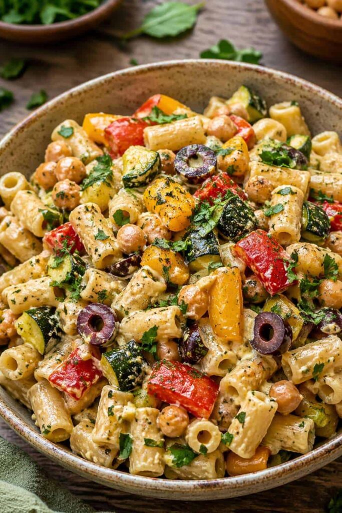 Creamy Hummus Pasta Salad with Roasted Vegetables and Chickpeas