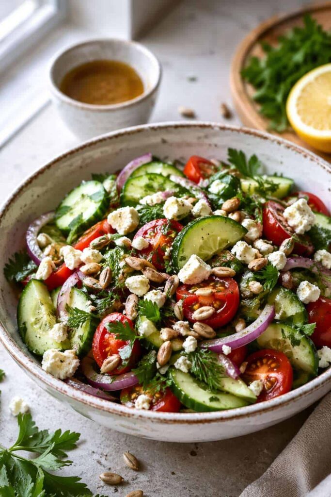 Cucumber, Tomato, and Herb Salad with Feta and Toasted Seeds