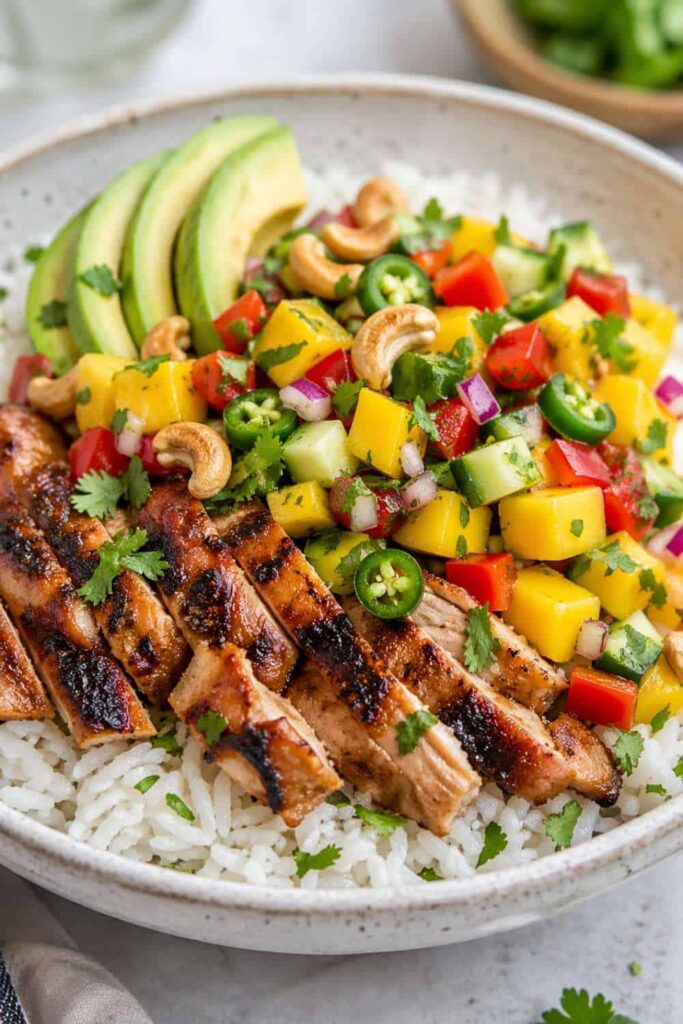 Grilled Chicken Bowls With Mango Salad and Coconut Rice
