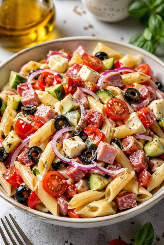 Italian Cold Pasta Salad With Salami and Ham