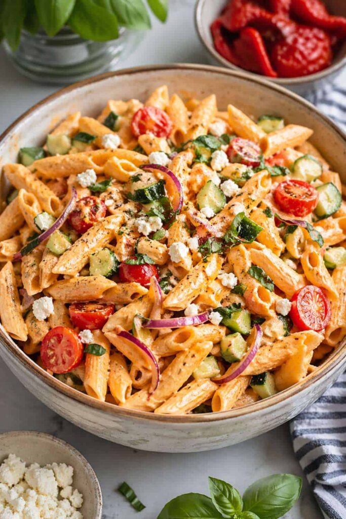 Roasted Red Pepper Feta Pasta Salad