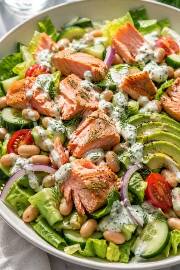 Salmon and Cucumber Dinner Salad with White Beans and Dill Yogurt