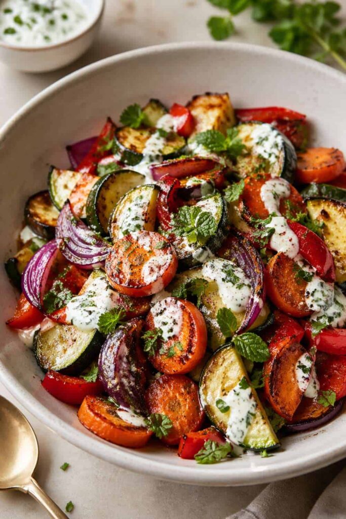 Warm Roasted Carrot and Zucchini Herb Salad with Yogurt Dressing