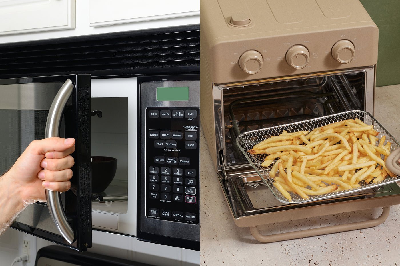 A close-up of a combination microwave interior with a wire rack and casserole dish.