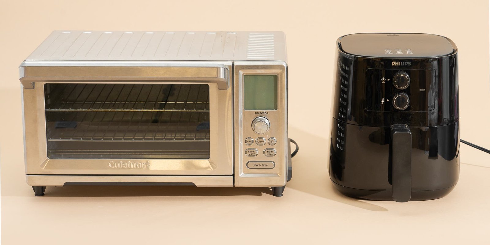 Comparing frozen french fries cooking in an air fryer versus a convection oven.