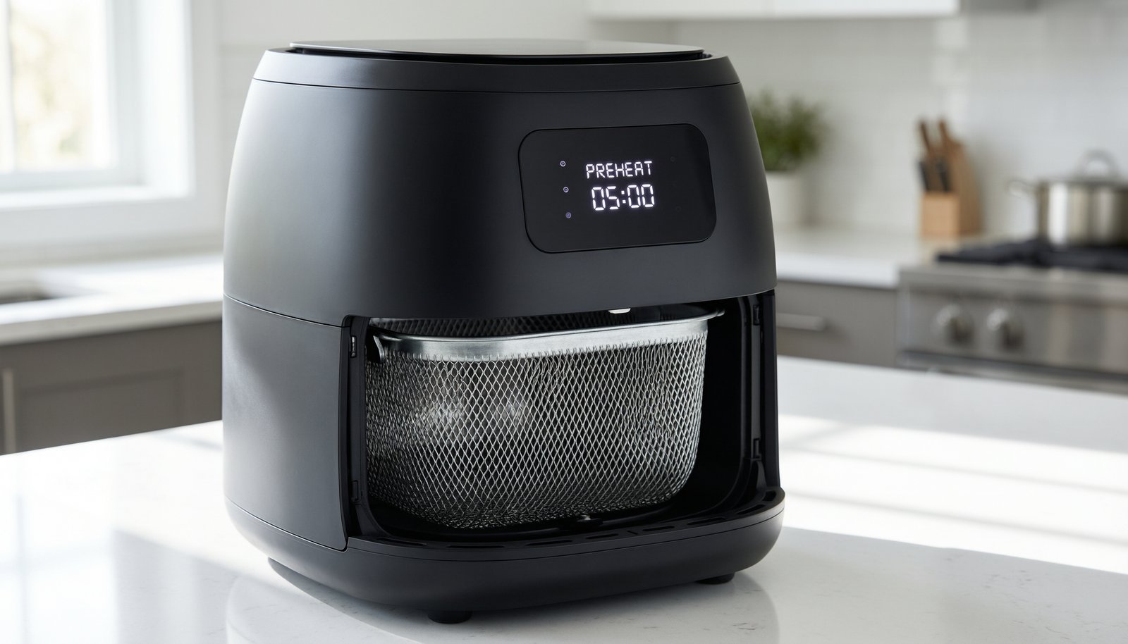 The control panel of an air fryer running an empty preheat cycle.