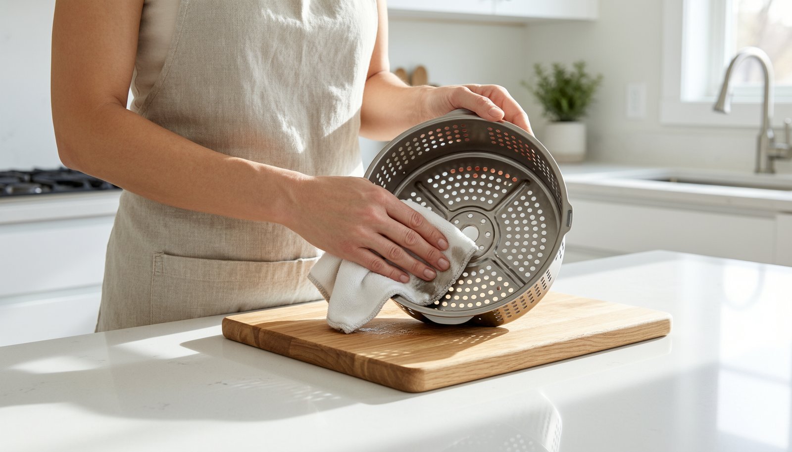 Cleaning an empty air fryer basket before starting a safe cycle.