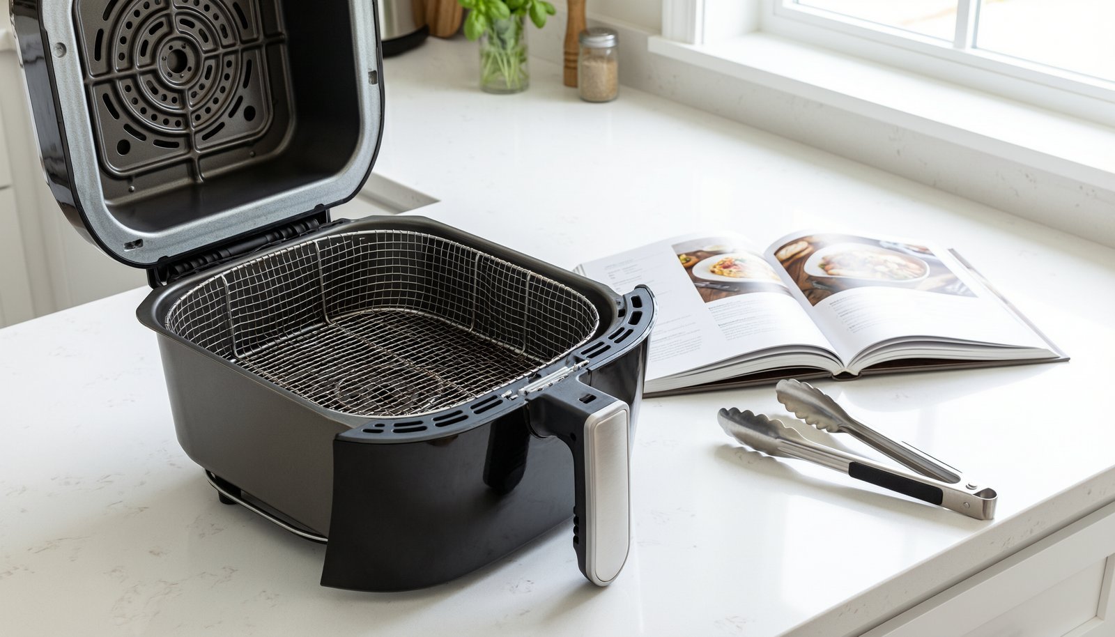An empty air fryer basket ready for use on a kitchen counter.