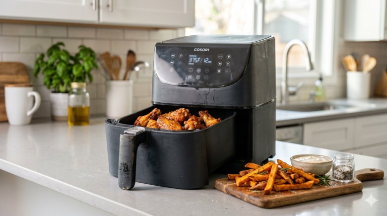 Close up of a worn air fryer basket showing signs of heavy use.