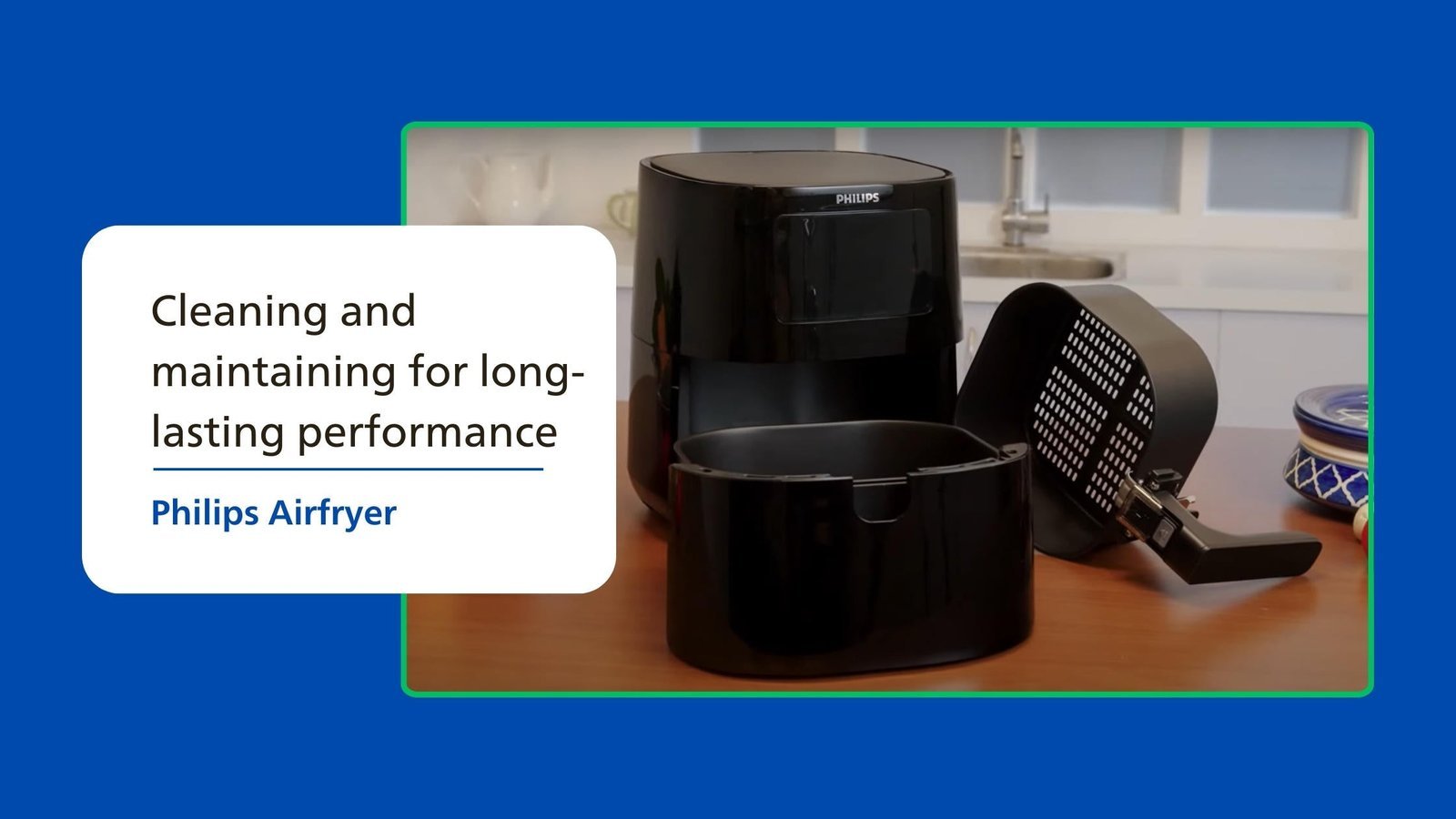 A digital tablet showing appliance FAQs next to a clean air fryer.