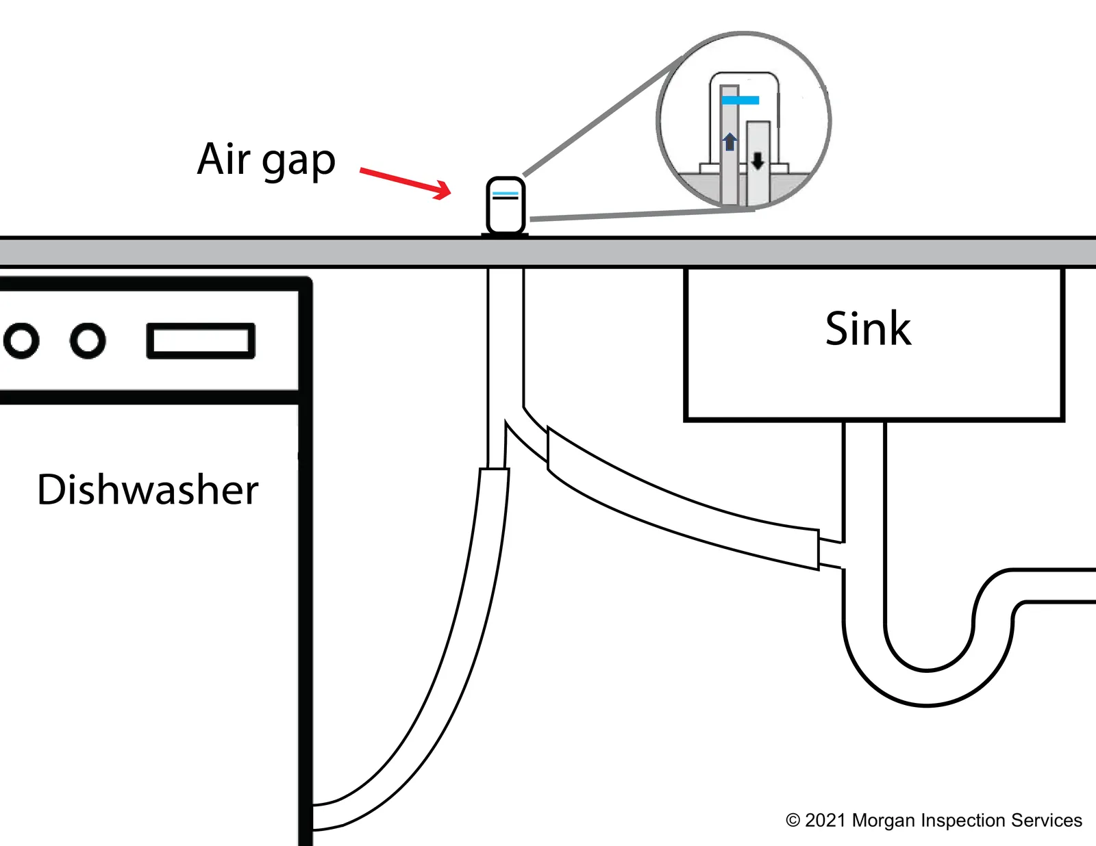 Close up of dishwasher drain hoses and plumbing connections under a kitchen sink.