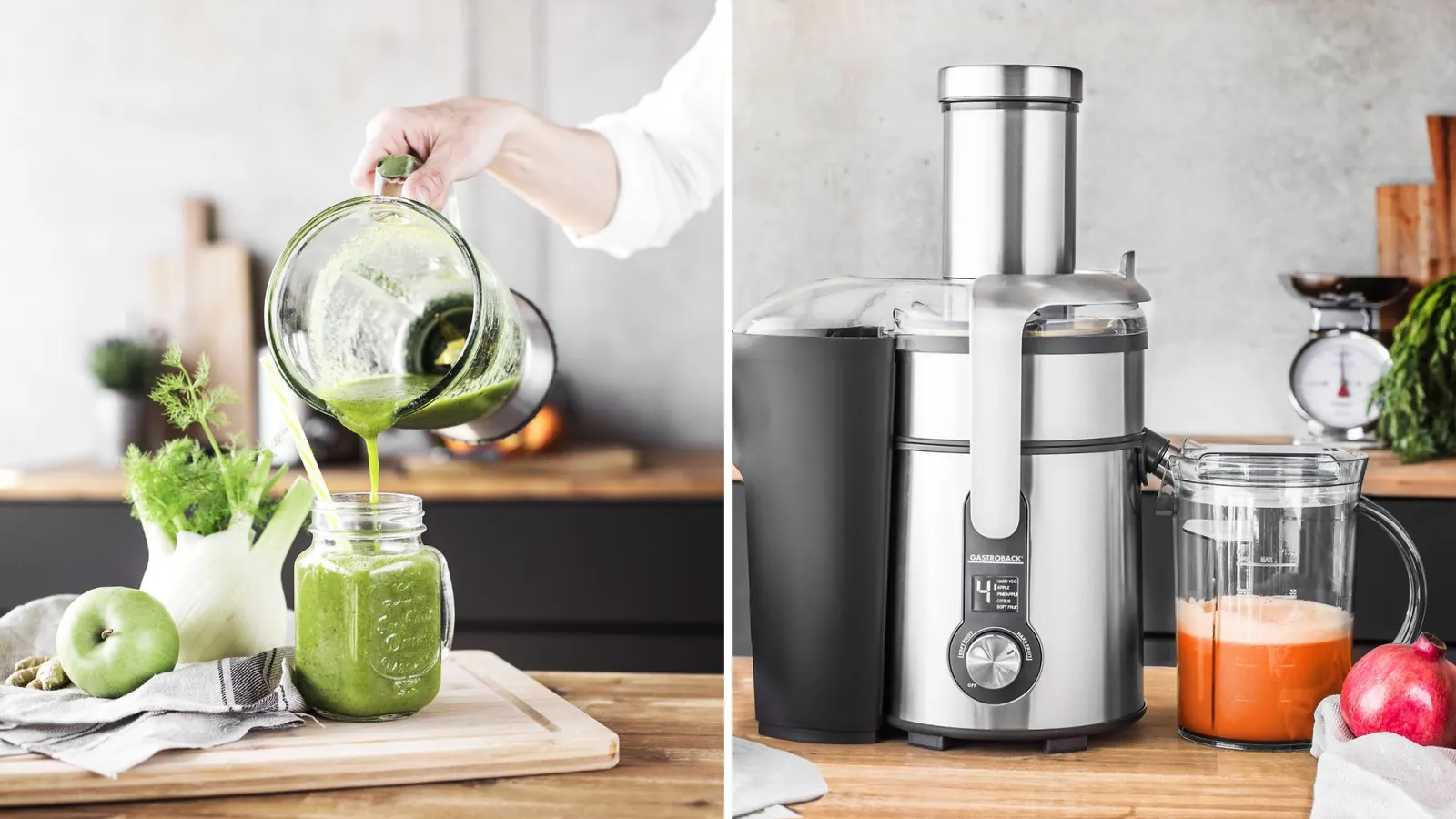 Comparing the texture of a thick green smoothie with a clear vegetable juice.