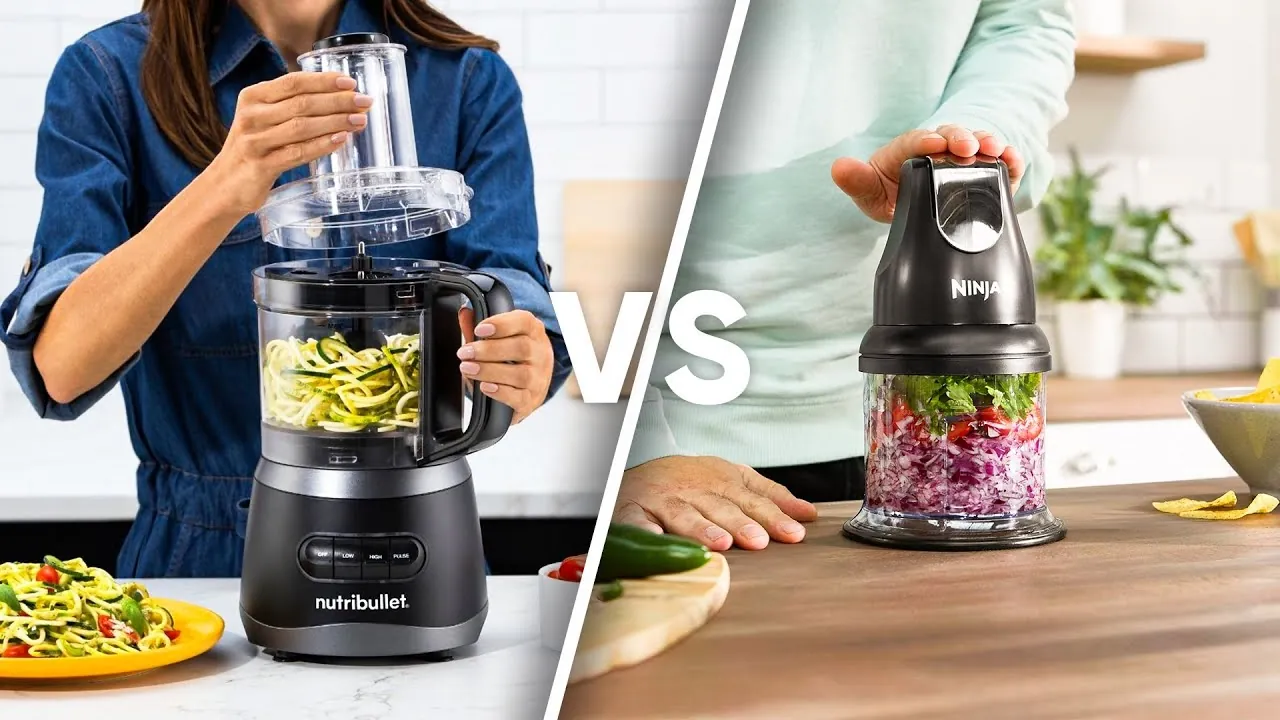 Different blade assemblies for a food processor and a compact chopper are displayed.