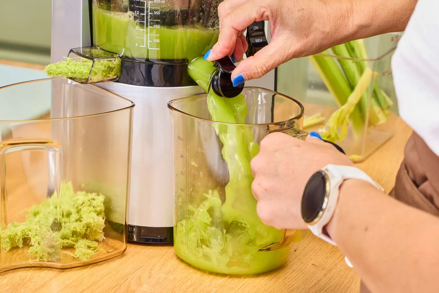 The internal auger of a masticating juicer slowly crushing a carrot into juice.