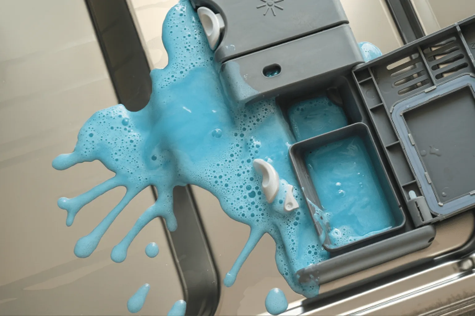 Measuring one tablespoon of dishwasher detergent into the machine's main wash compartment.