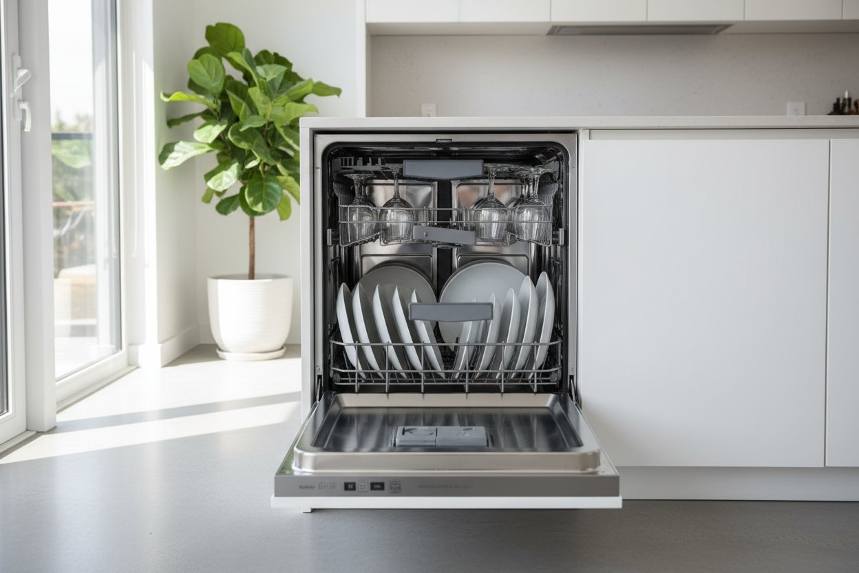 A modern stainless steel dishwasher installed in a clean and bright contemporary kitchen.