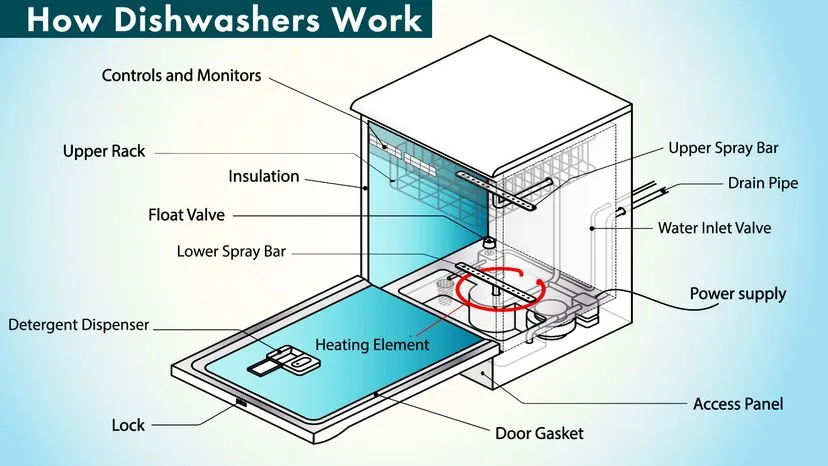 Water sprays from a rotating arm inside a dishwasher during the cleaning process.